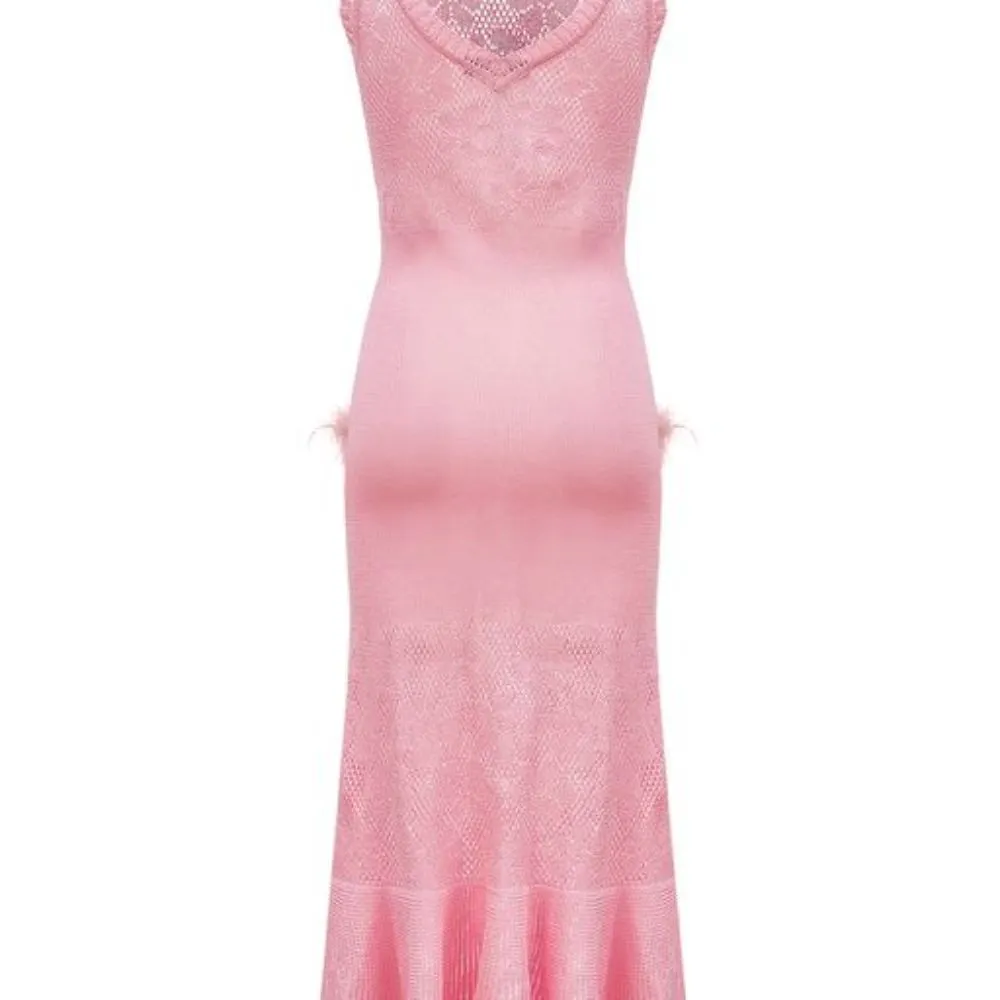 Pink Knit Dress with Feathers Details