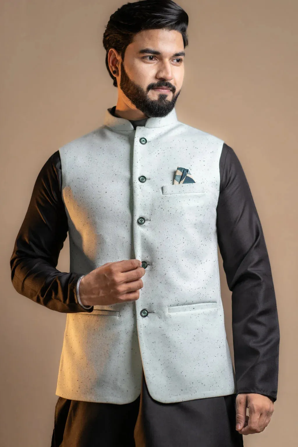 Plain White Nehru Jacket with Dotted Prints