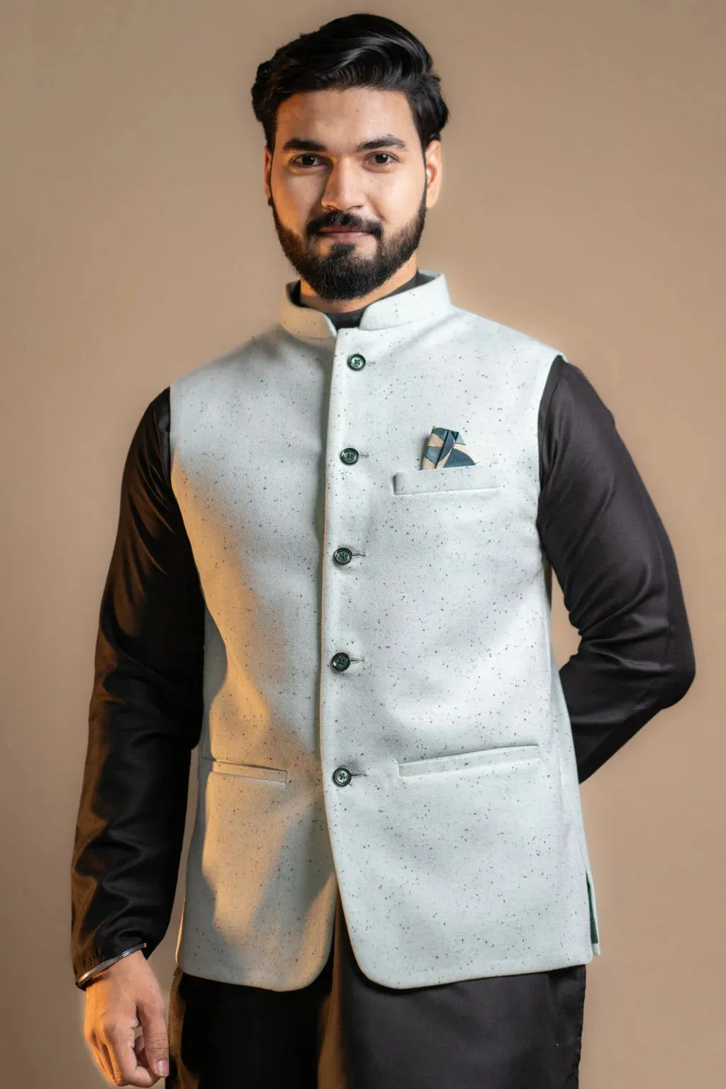 Plain White Nehru Jacket with Dotted Prints