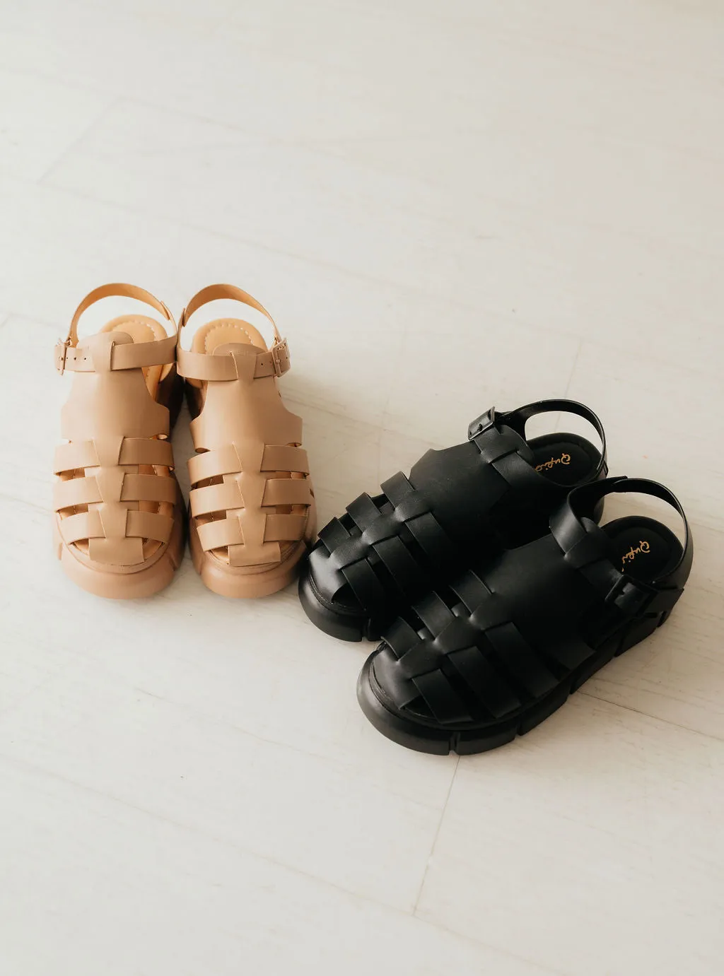 Qupid Platform Cage Stap Sandal in Tan