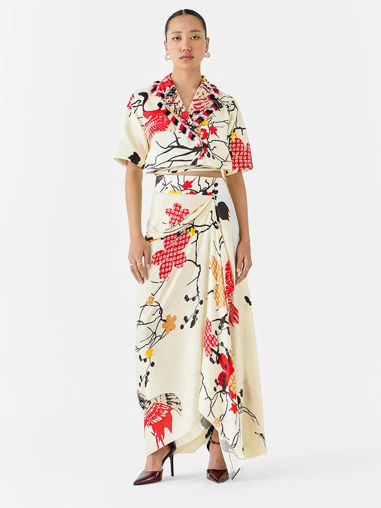 Red Crane Blazer & Draped Skirt Co-ord
