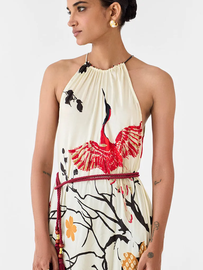 Red Crane Halter Dress