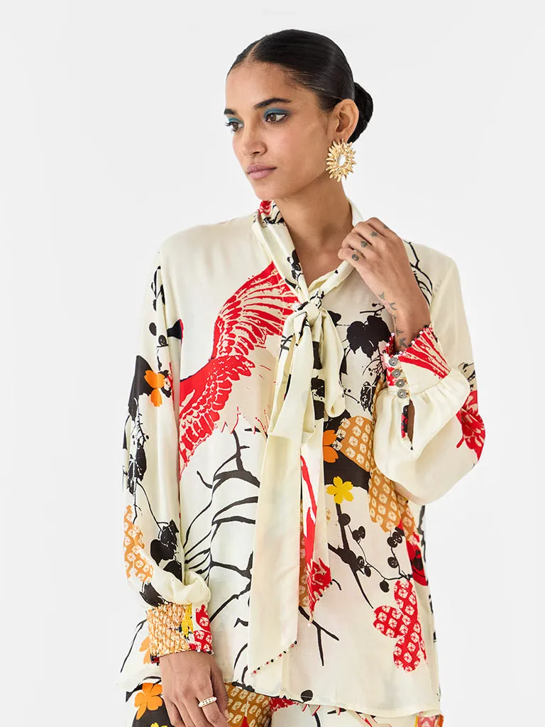 Red Crane Knot Shirt & Pants Co-ord