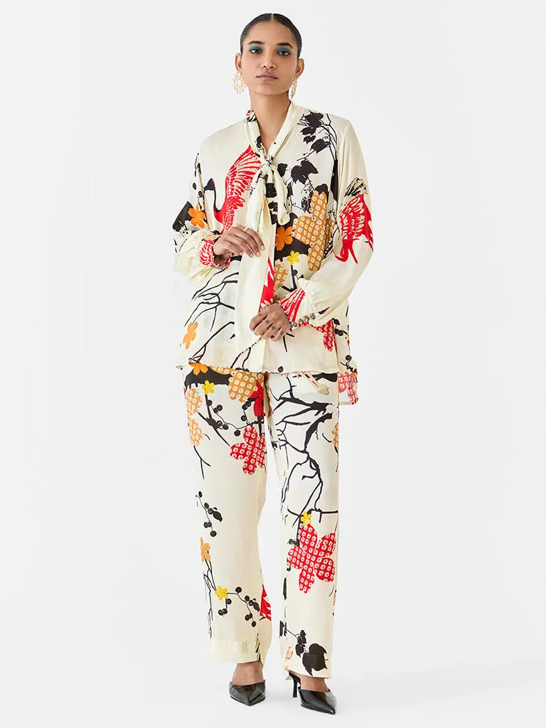 Red Crane Knot Shirt & Pants Co-ord