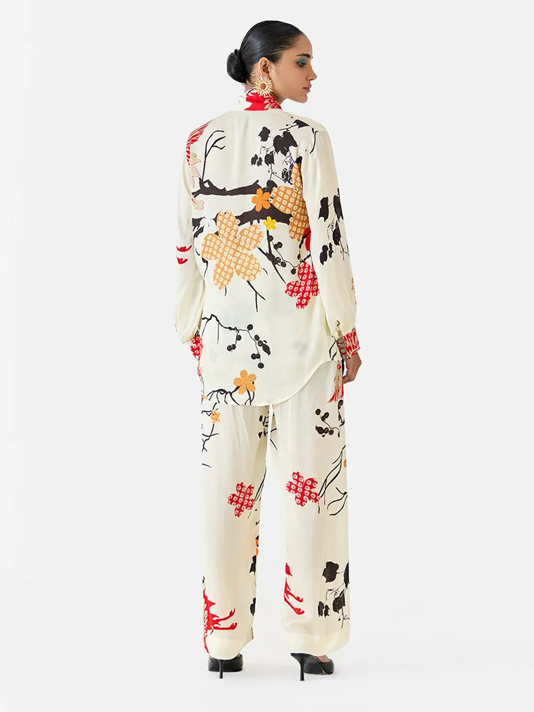 Red Crane Knot Shirt & Pants Co-ord