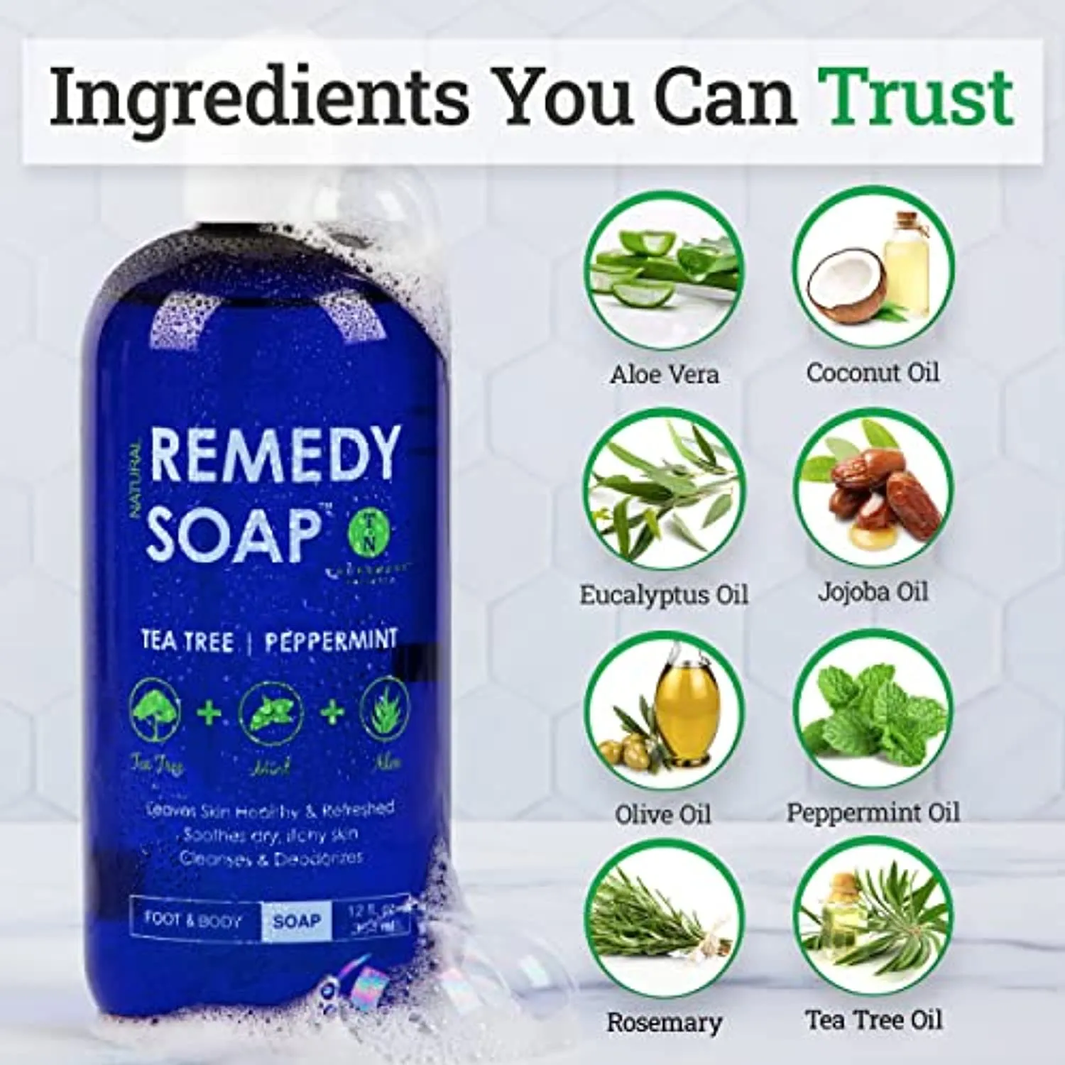 Remedy Soap Tea Tree Oil Body Wash | Helps Body Odor, Athlete's Foot, Jock Itch, Ringworm, Yeast Infections, Skin Irritations | Shower Gel for Women/Men | 100% Natural Tea Tree, Mint & Aloe Skin Cleanser (12 oz)