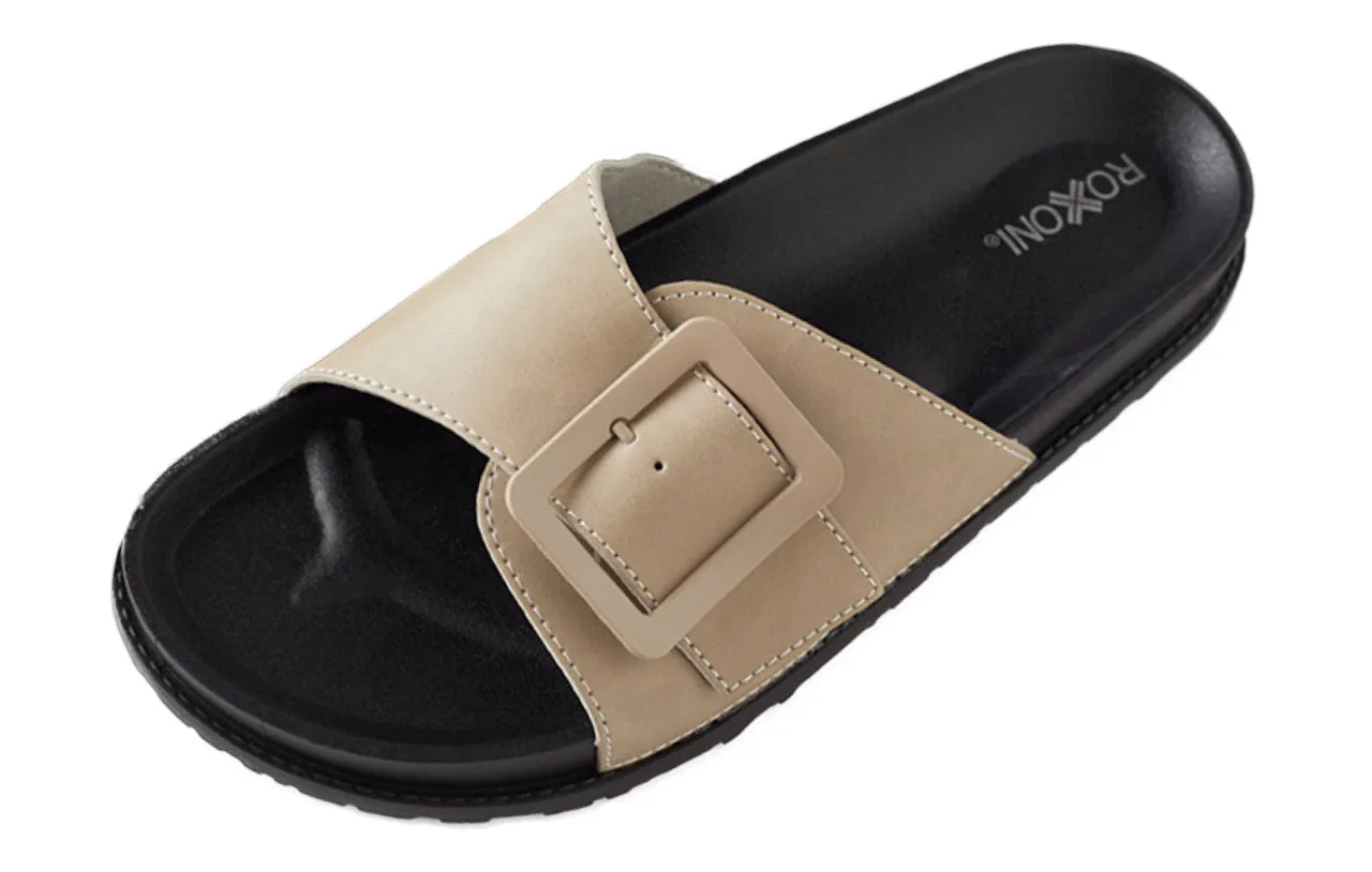Roxoni Women's Adjustable Buckle Slide Sandals Open Toe Outdoor Flat Summer Slipper