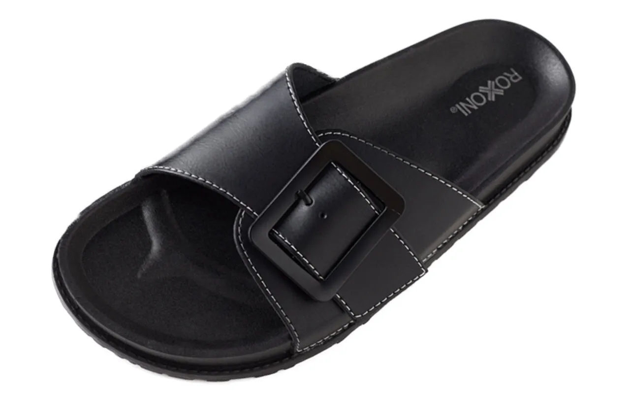Roxoni Women's Adjustable Buckle Slide Sandals Open Toe Outdoor Flat Summer Slipper