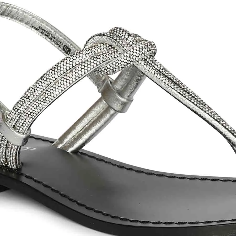 Saint Elsie Crystal Cord Metallic Silver Leather Flat Sandals