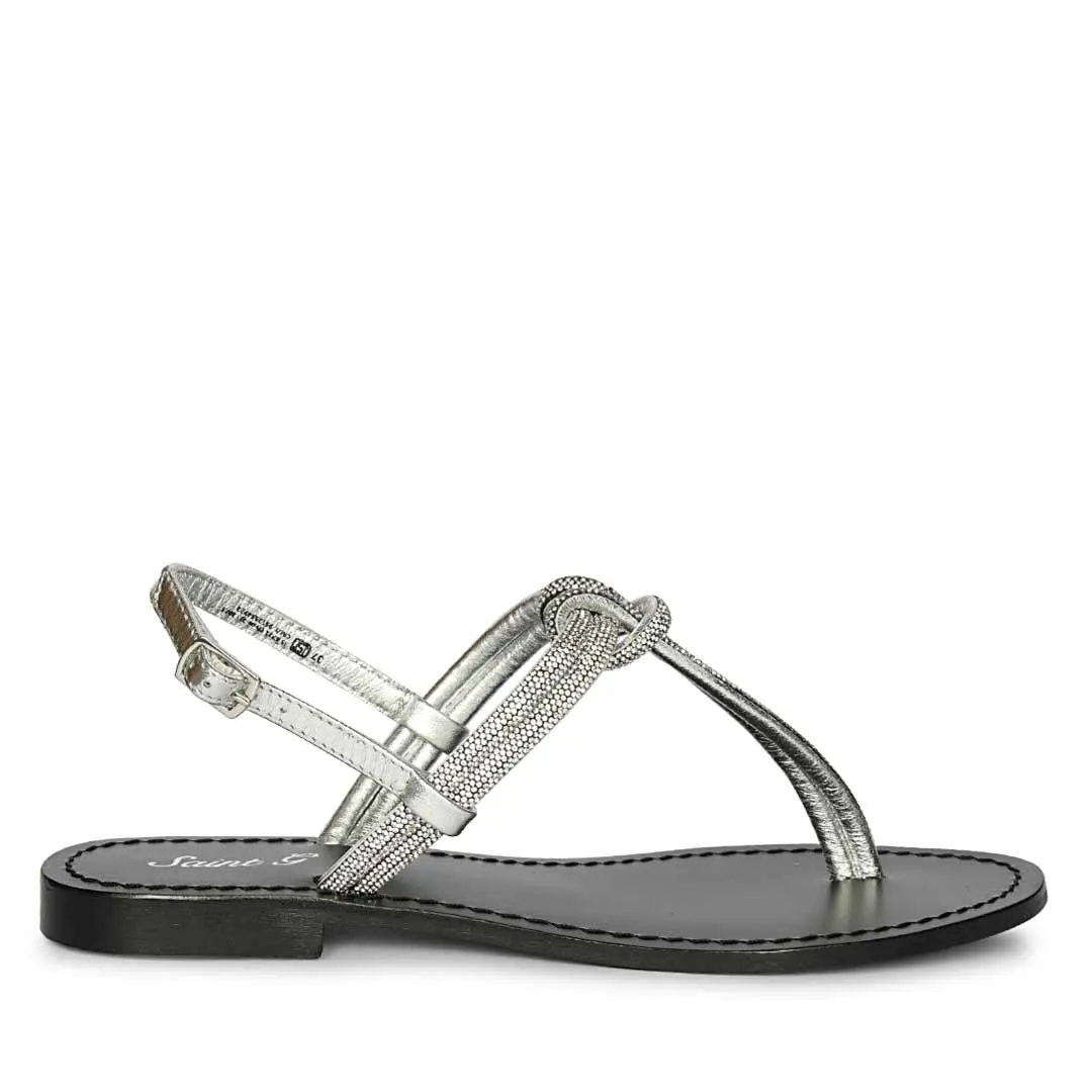 Saint Elsie Crystal Cord Metallic Silver Leather Flat Sandals