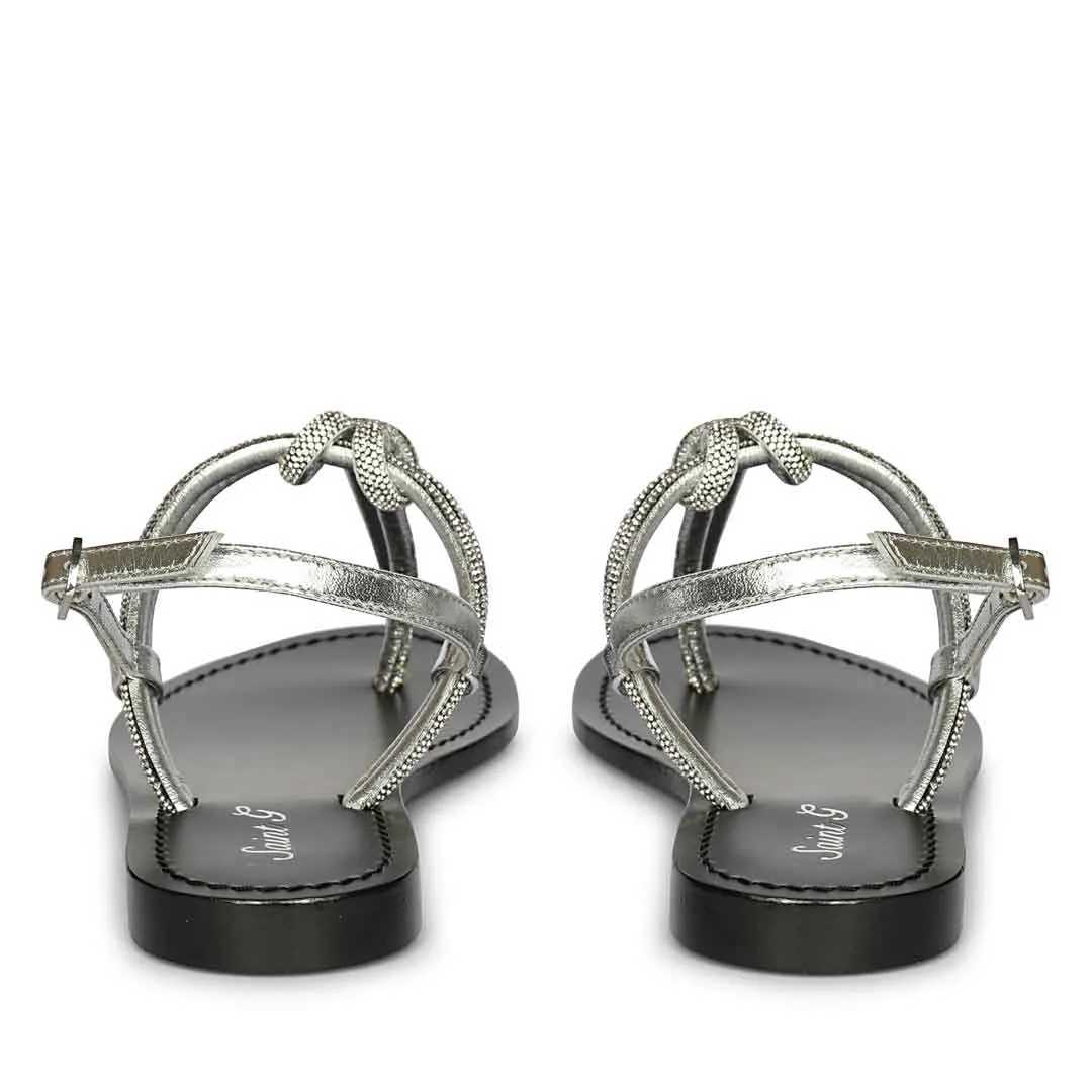 Saint Elsie Crystal Cord Metallic Silver Leather Flat Sandals