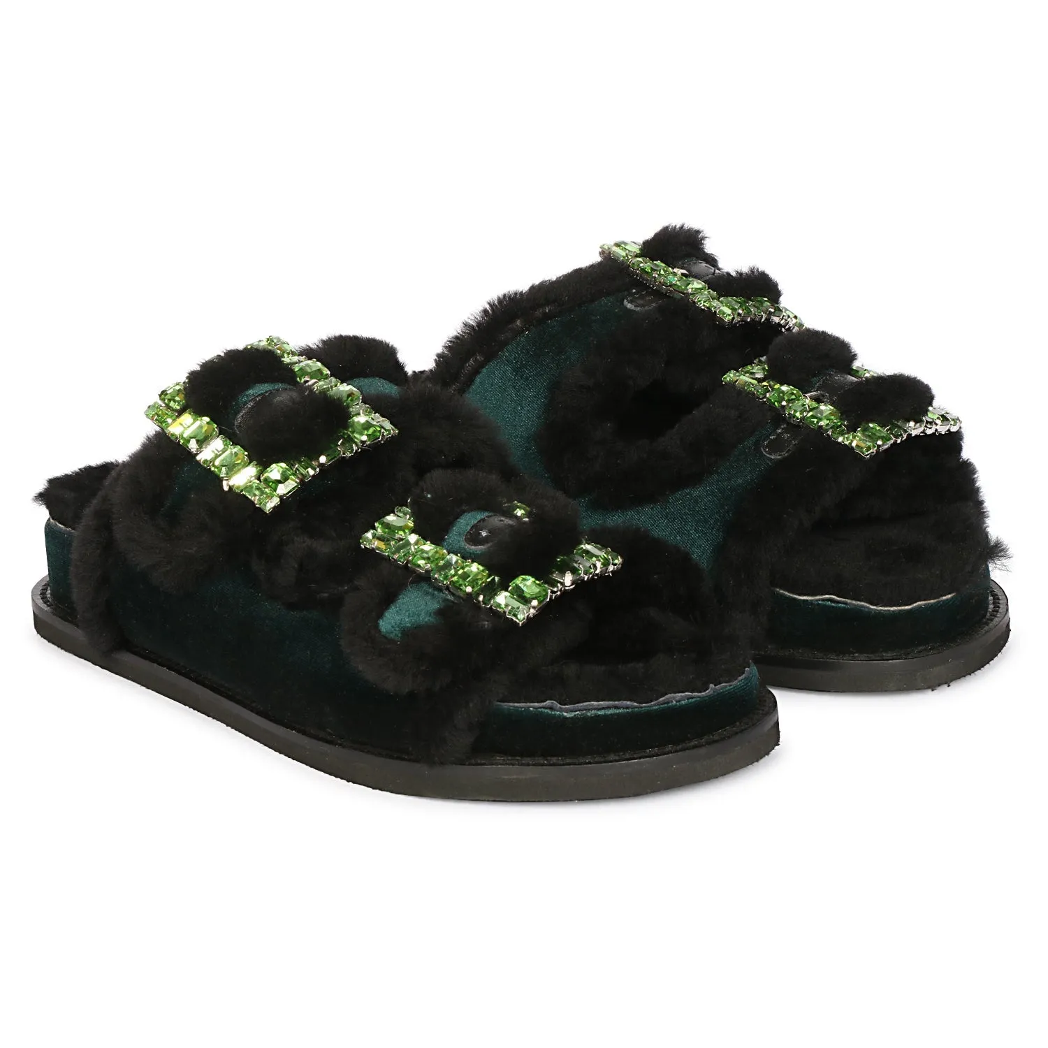 Saint Gemma Crystal Buckle Green Fur Snug Sandals