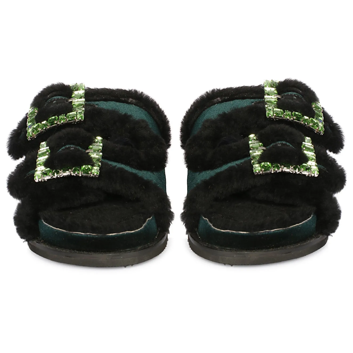 Saint Gemma Crystal Buckle Green Fur Snug Sandals