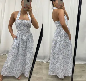 Serena Floral Halter Maxi Dress-Blue