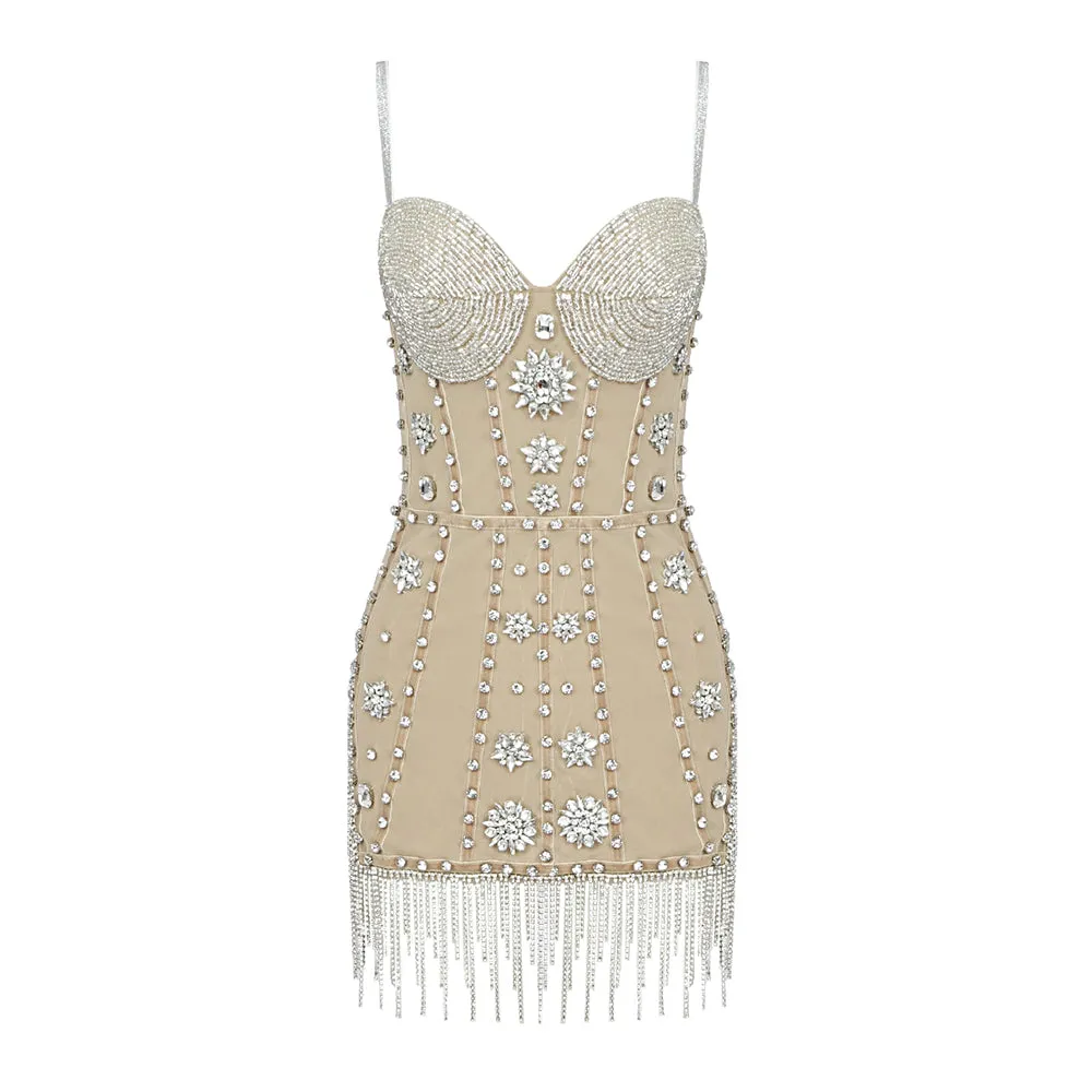 Sheena Rhinestone Tassel Strapless Dress – Sparkle & Elegance