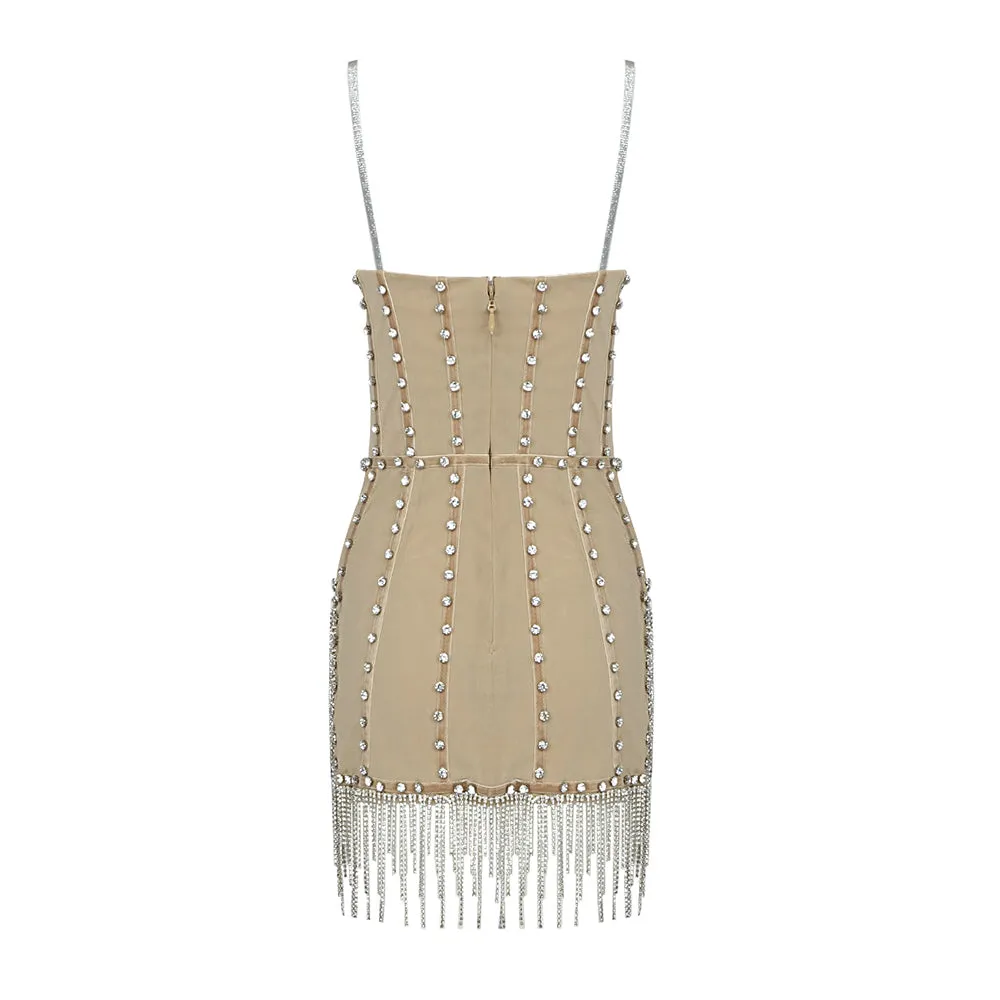 Sheena Rhinestone Tassel Strapless Dress – Sparkle & Elegance