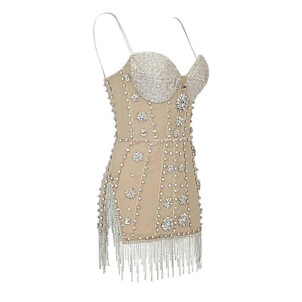 Sheena Rhinestone Tassel Strapless Dress – Sparkle & Elegance