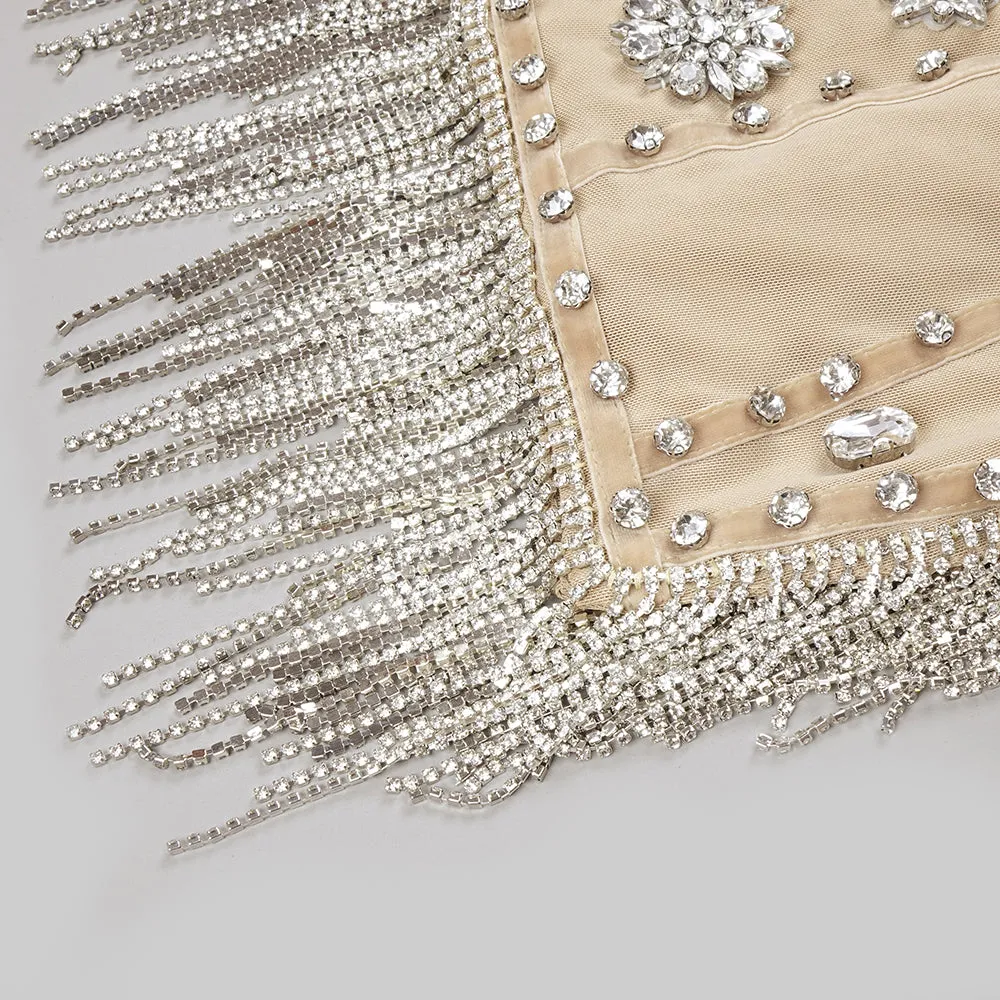 Sheena Rhinestone Tassel Strapless Dress – Sparkle & Elegance