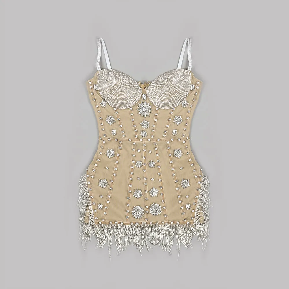 Sheena Rhinestone Tassel Strapless Dress – Sparkle & Elegance