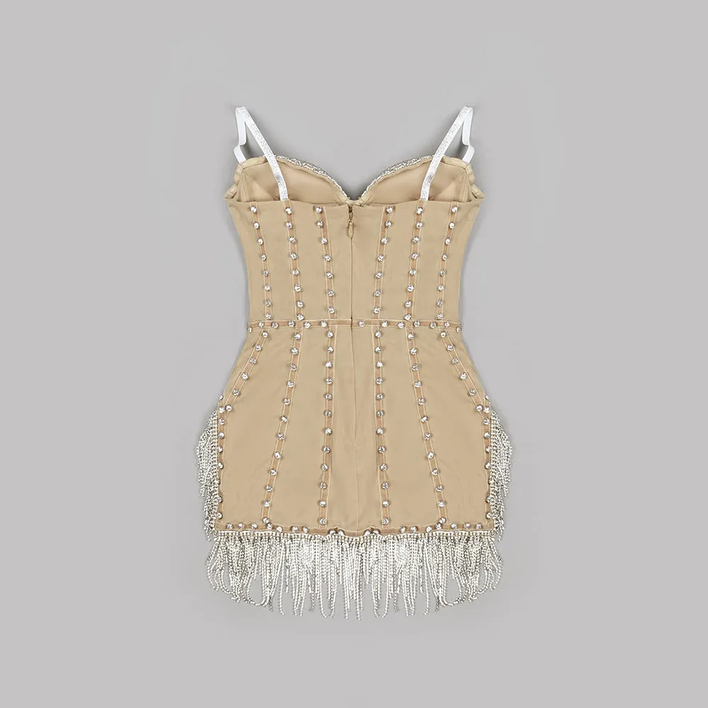 Sheena Rhinestone Tassel Strapless Dress – Sparkle & Elegance