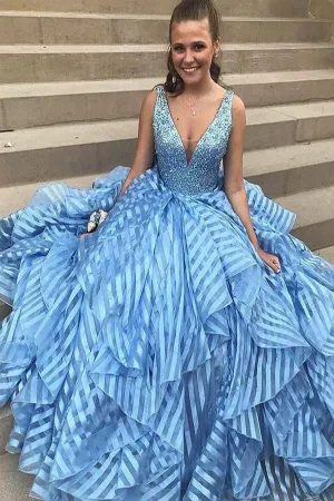Sky Blue Beading V-neck Unique Organza Ball Gown Sleeveless Prom Dresses LPD014