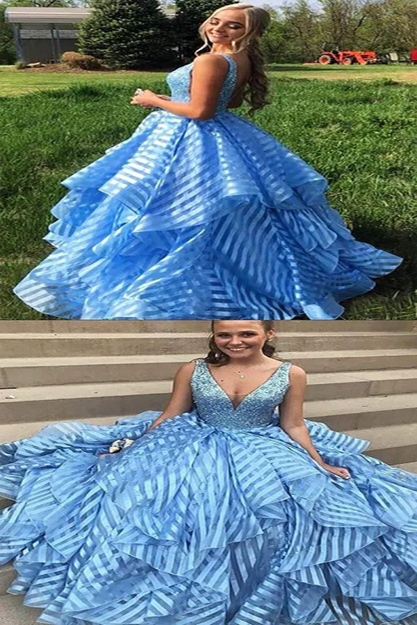 Sky Blue Beading V-neck Unique Organza Ball Gown Sleeveless Prom Dresses LPD014