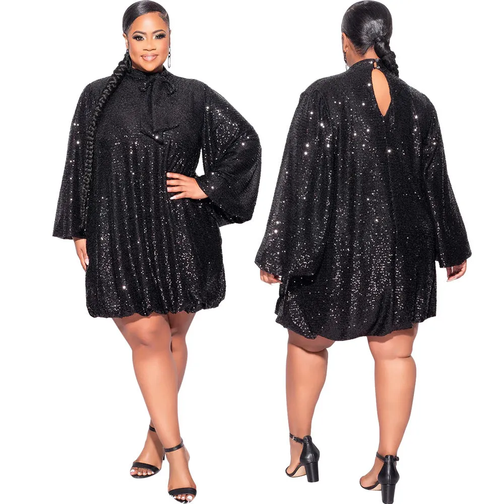 Sparkling Loose-Fit Short Dress with Bow-Tie Neckline