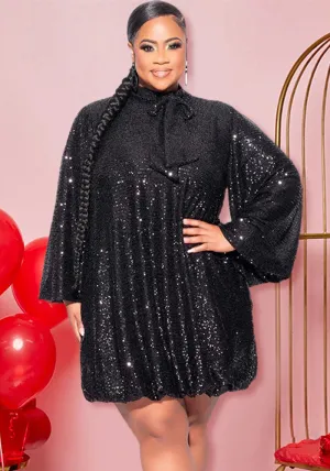 Sparkling Loose-Fit Short Dress with Bow-Tie Neckline