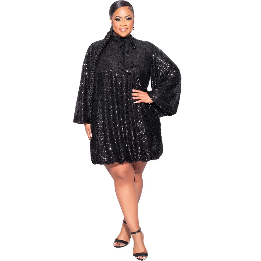 Sparkling Loose-Fit Short Dress with Bow-Tie Neckline