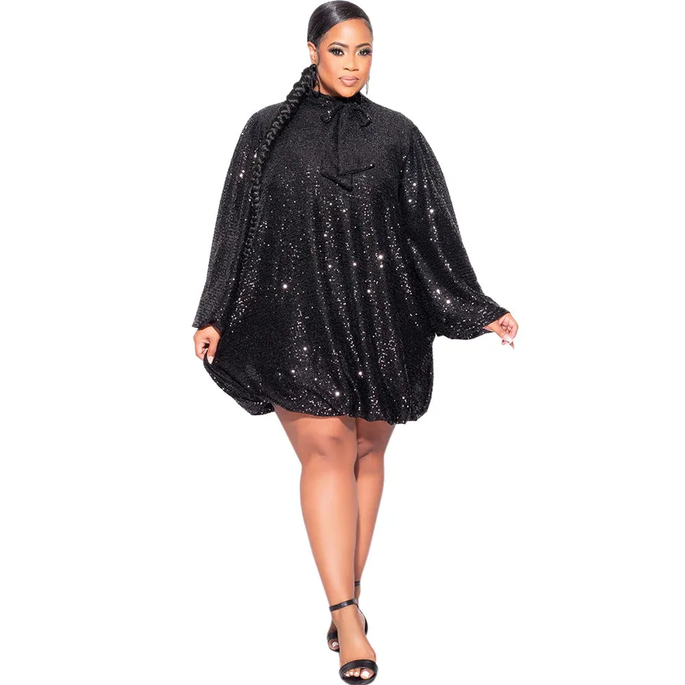 Sparkling Loose-Fit Short Dress with Bow-Tie Neckline