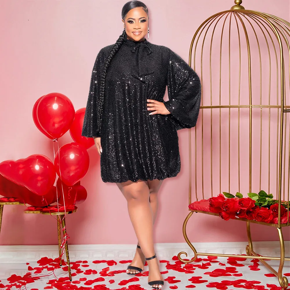 Sparkling Loose-Fit Short Dress with Bow-Tie Neckline