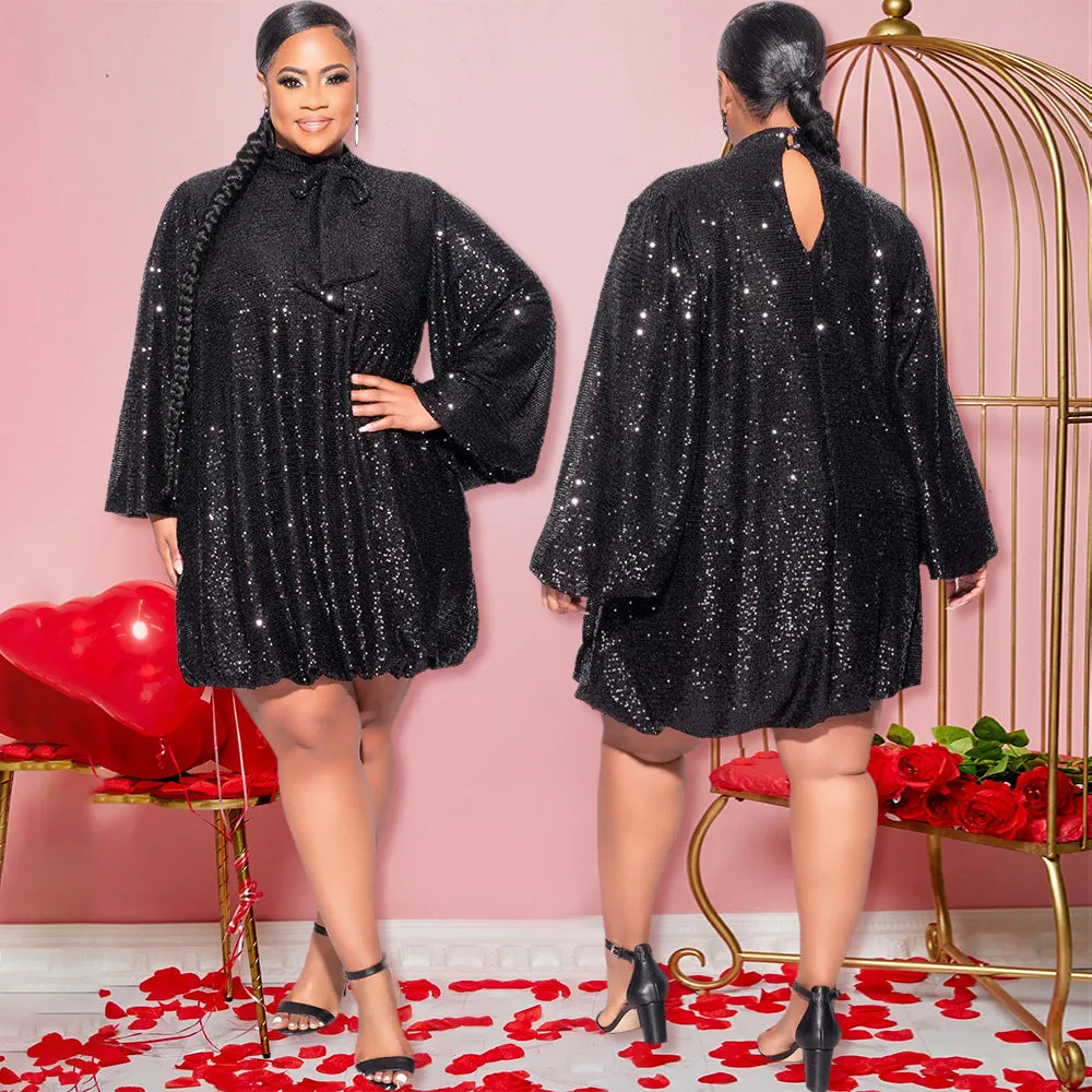 Sparkling Loose-Fit Short Dress with Bow-Tie Neckline