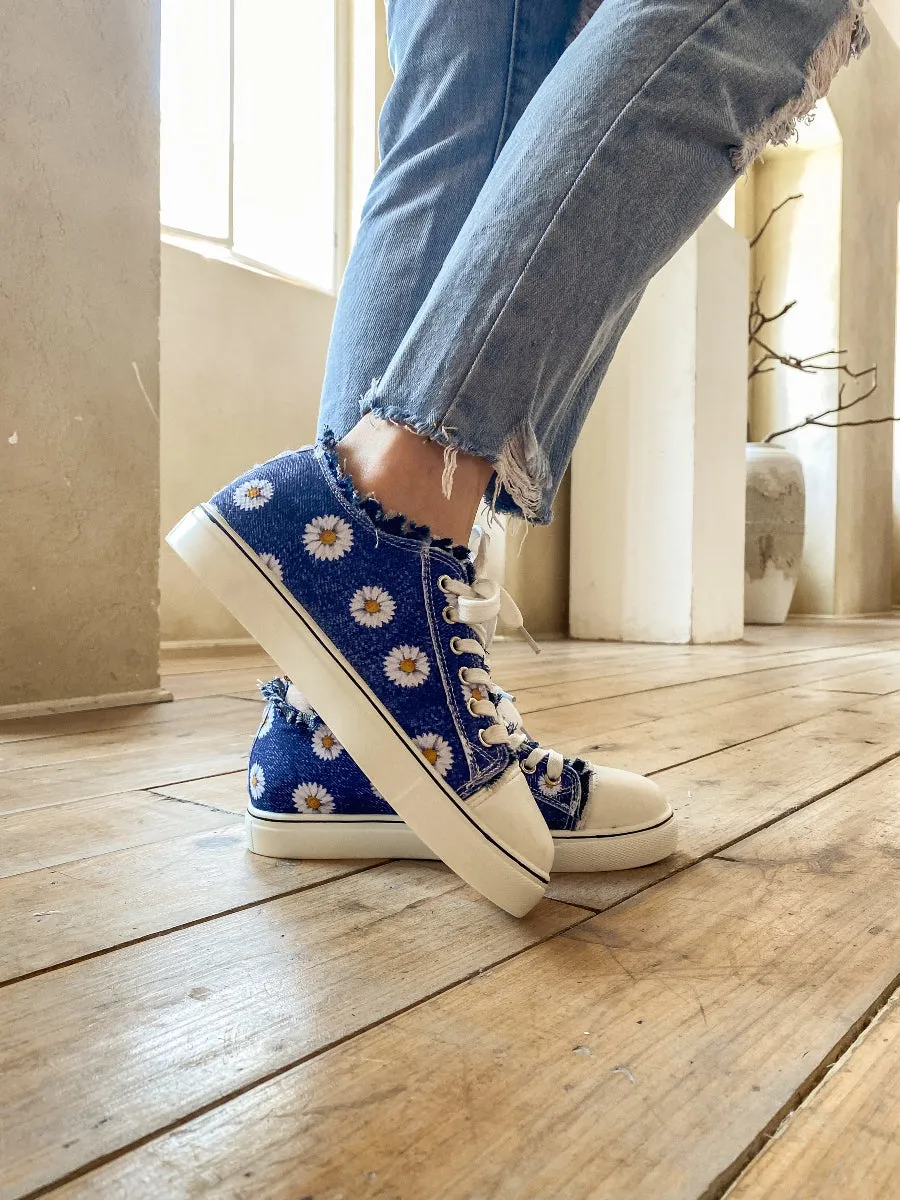 Sunflower Printed Ripped Trim Sneaker - Denim Blue