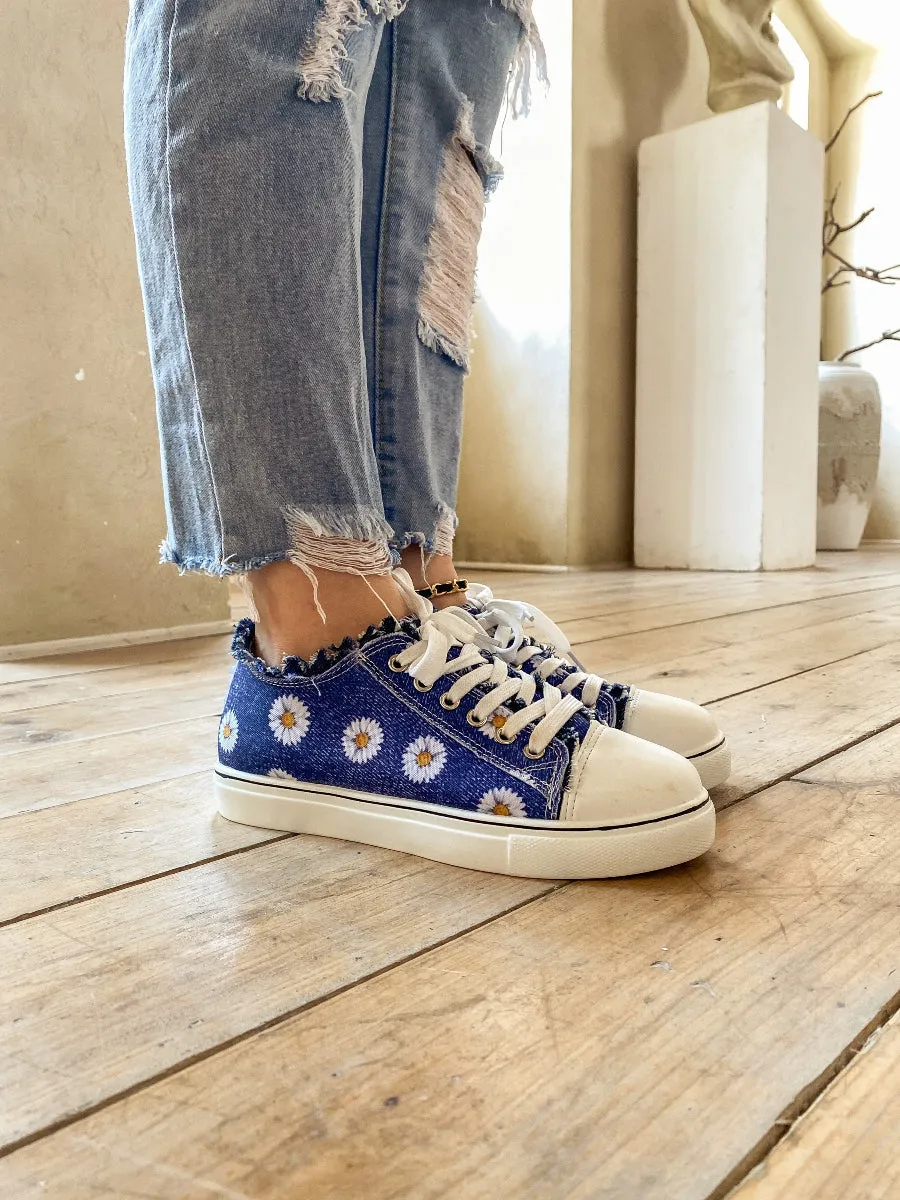 Sunflower Printed Ripped Trim Sneaker - Denim Blue