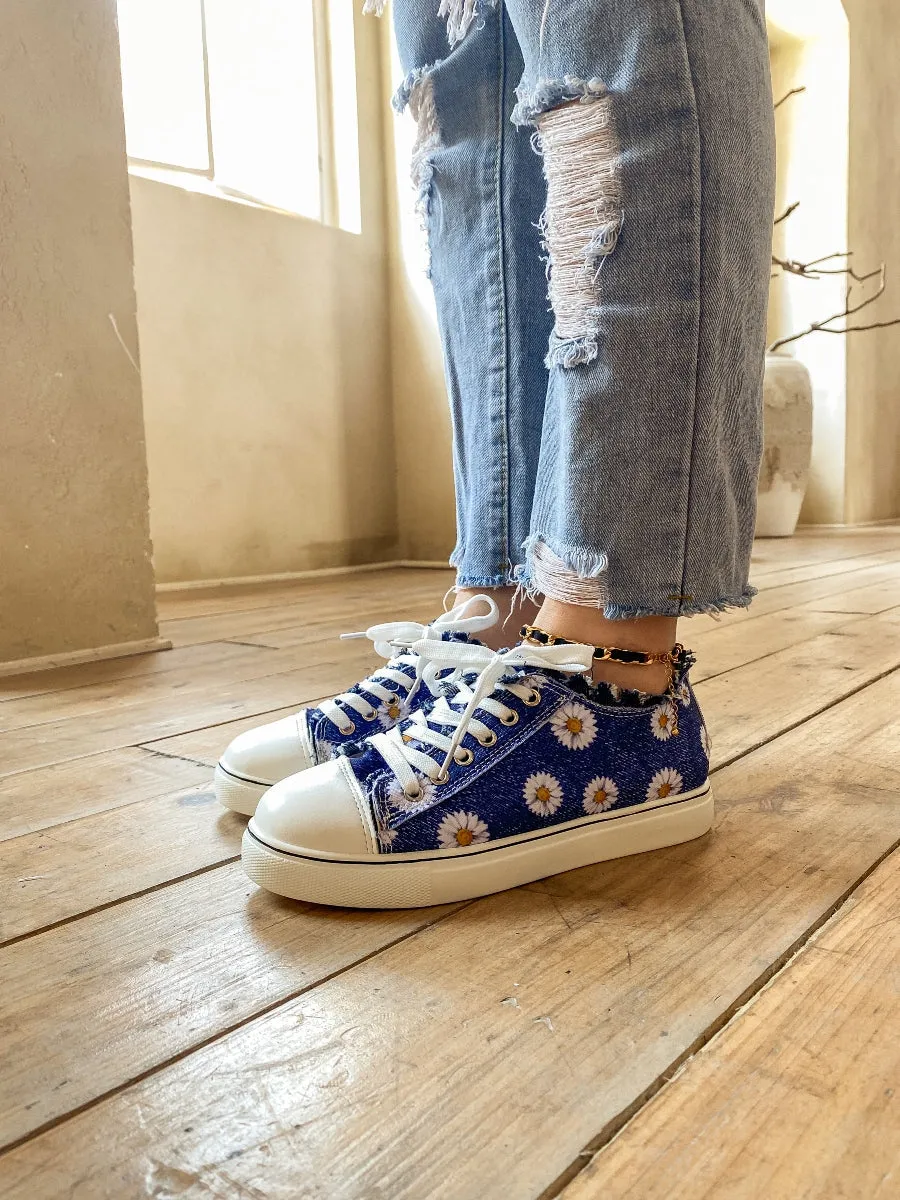 Sunflower Printed Ripped Trim Sneaker - Denim Blue