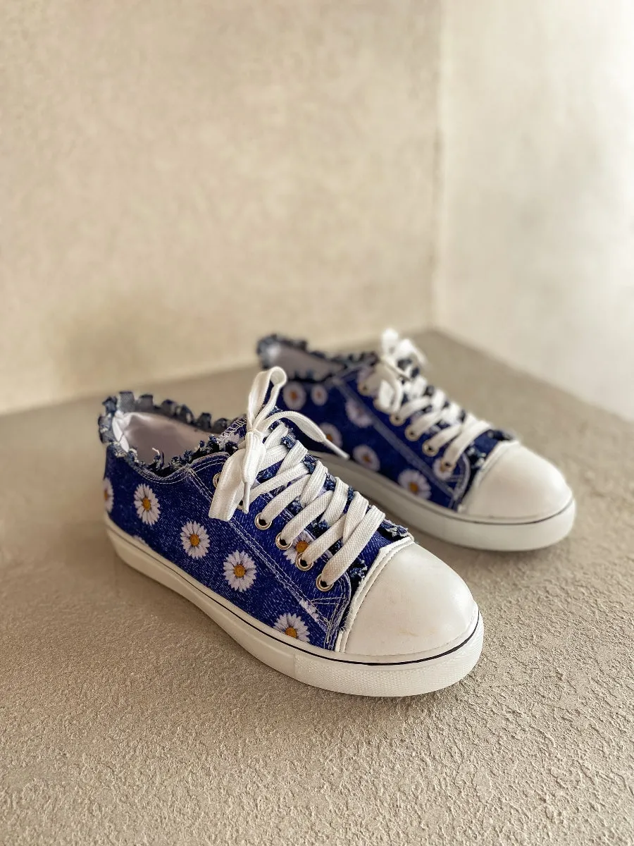 Sunflower Printed Ripped Trim Sneaker - Denim Blue