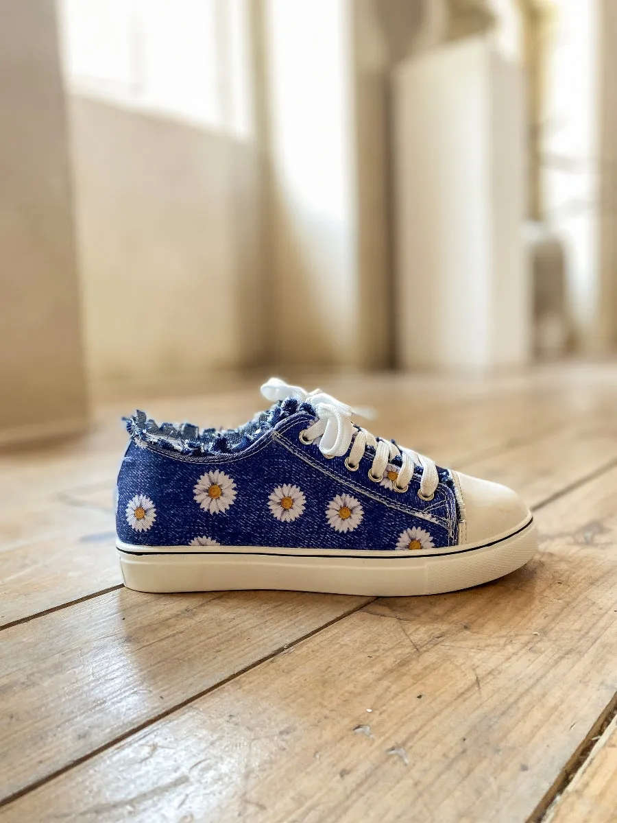 Sunflower Printed Ripped Trim Sneaker - Denim Blue