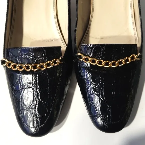 Talbots Black Leather Croc Embossed Gold Chain Detail Heels Size 8 W