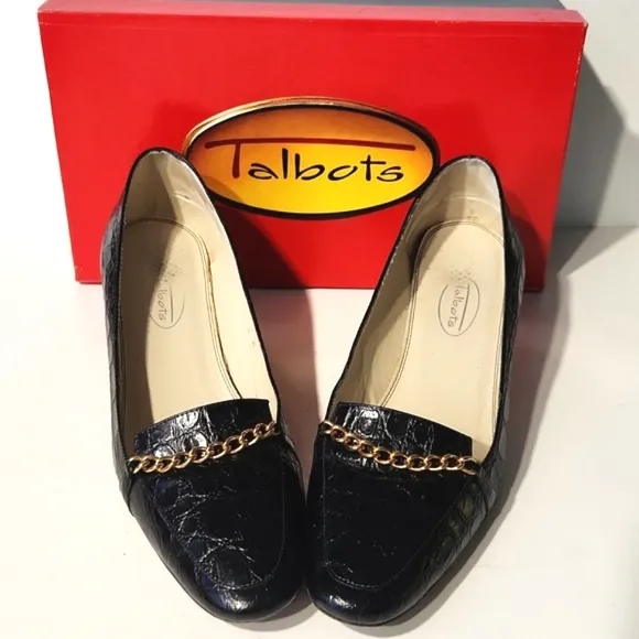 Talbots Black Leather Croc Embossed Gold Chain Detail Heels Size 8 W