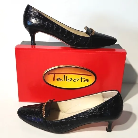 Talbots Black Leather Croc Embossed Gold Chain Detail Heels Size 8 W