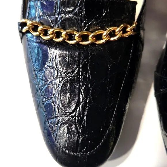 Talbots Black Leather Croc Embossed Gold Chain Detail Heels Size 8 W