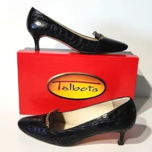 Talbots Black Leather Croc Embossed Gold Chain Detail Heels Size 8 W