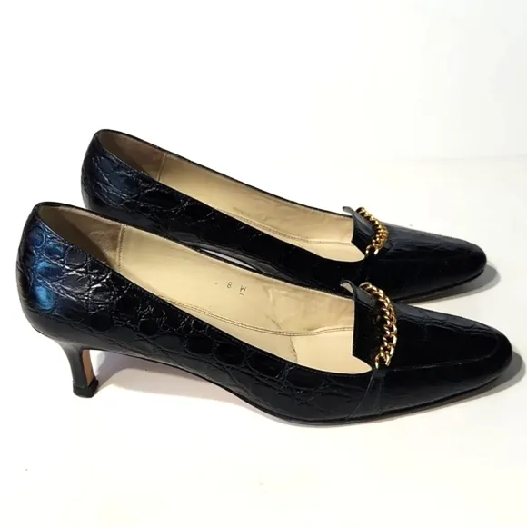 Talbots Black Leather Croc Embossed Gold Chain Detail Heels Size 8 W