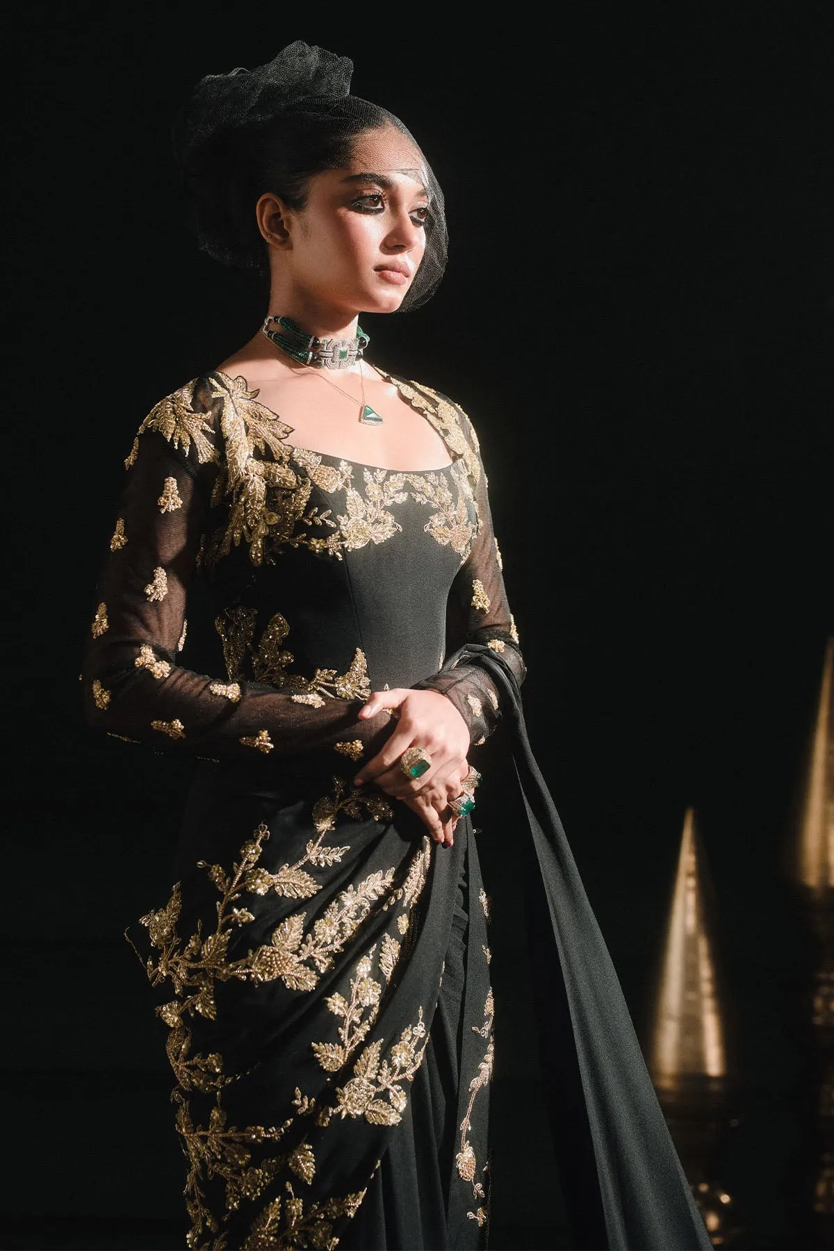 The Sunheri Bel Stitched Saree[without shrug]