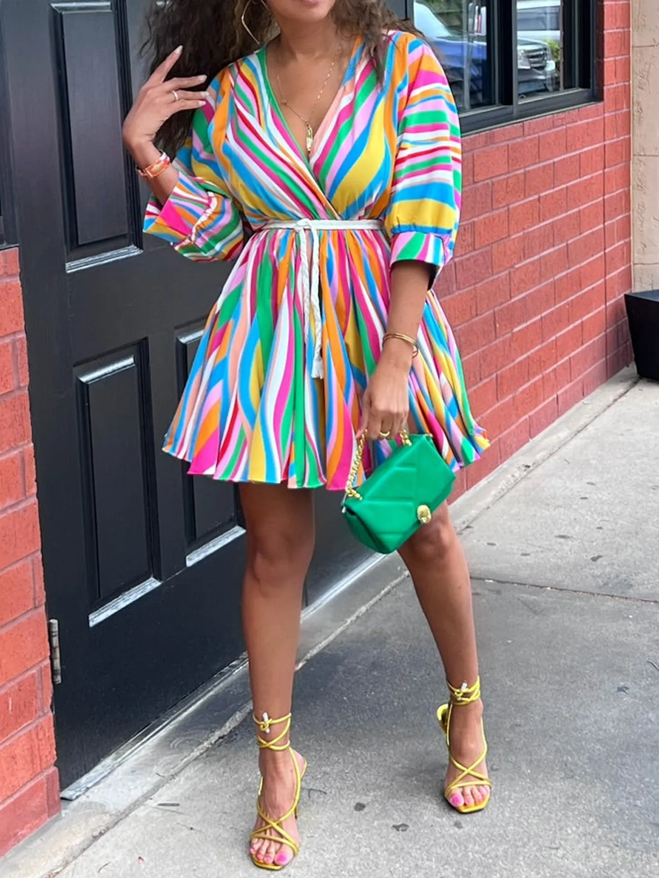 Vibrant Multicolor Striped V-Neck Belted Flare Dress