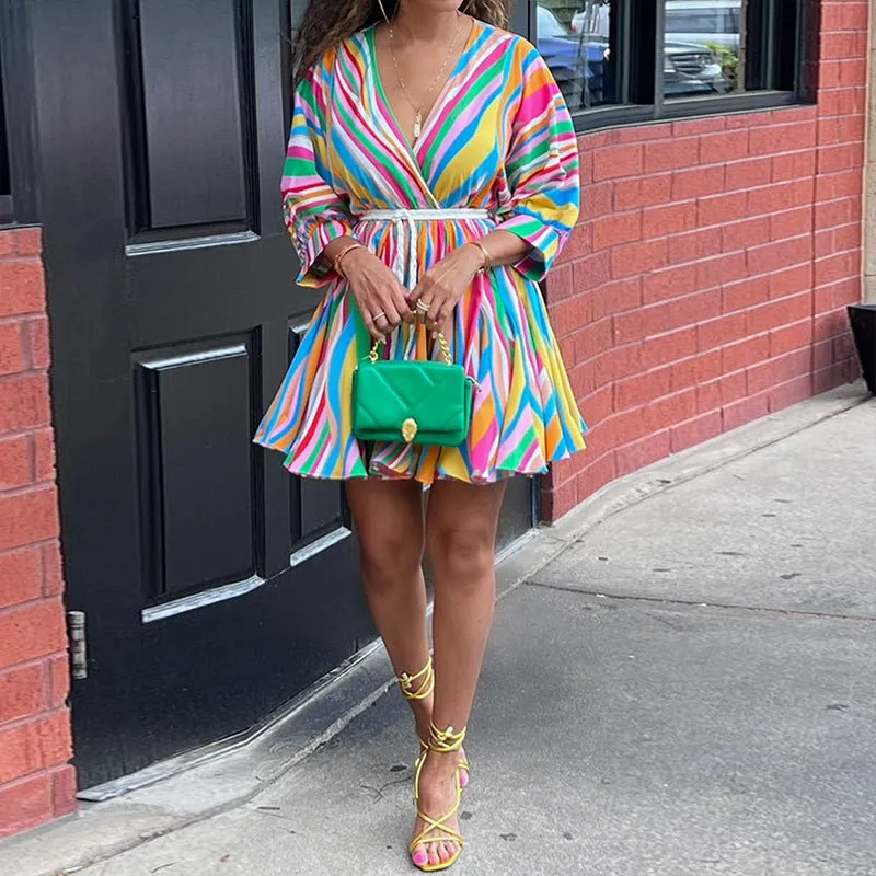 Vibrant Multicolor Striped V-Neck Belted Flare Dress
