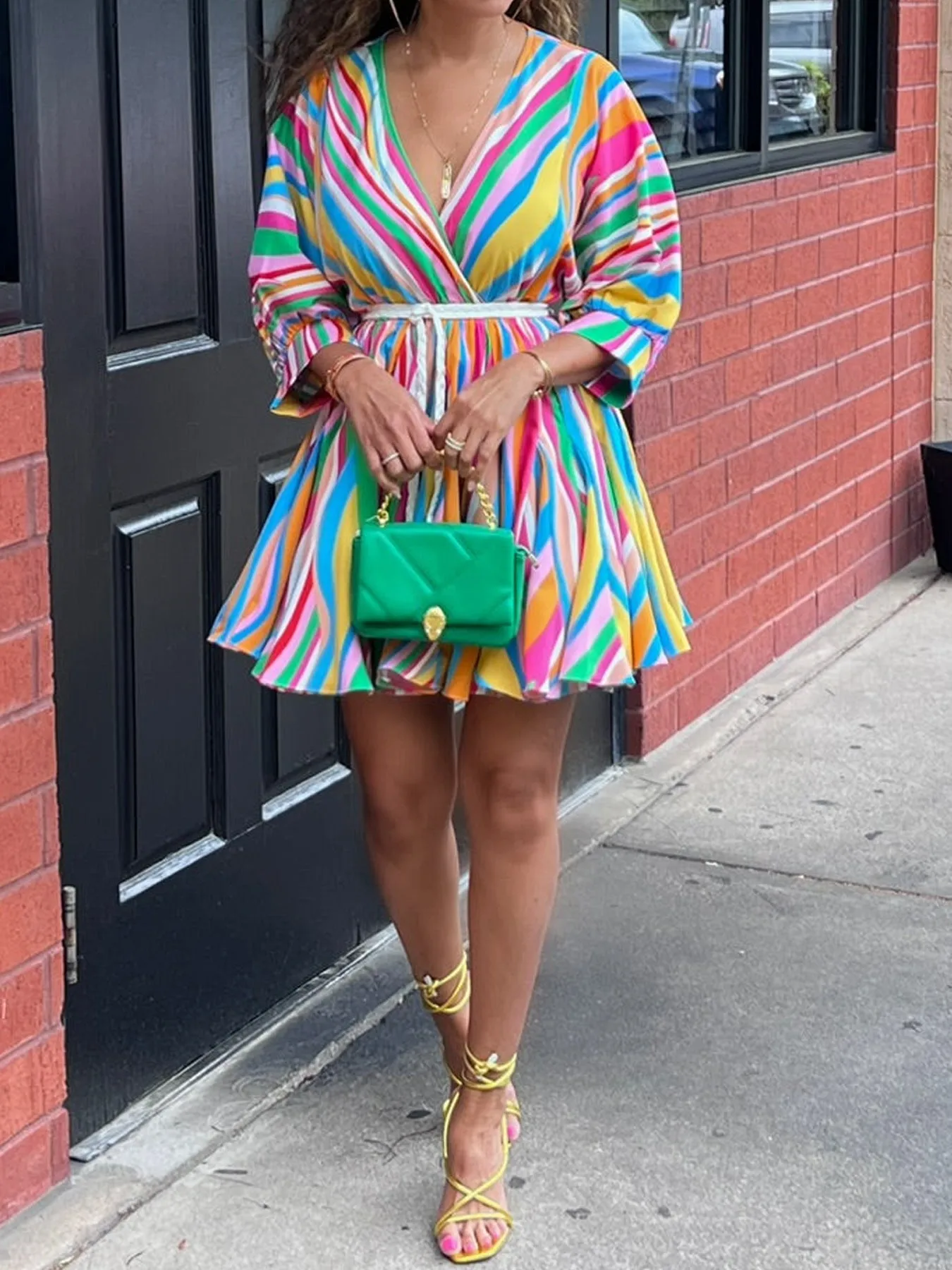 Vibrant Multicolor Striped V-Neck Belted Flare Dress