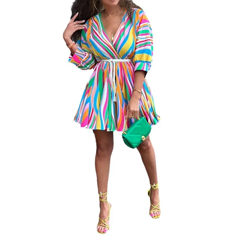 Vibrant Multicolor Striped V-Neck Belted Flare Dress