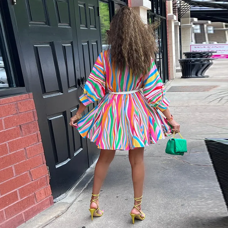 Vibrant Multicolor Striped V-Neck Belted Flare Dress