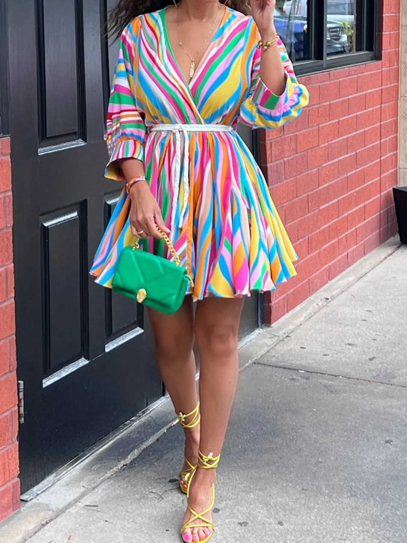 Vibrant Multicolor Striped V-Neck Belted Flare Dress